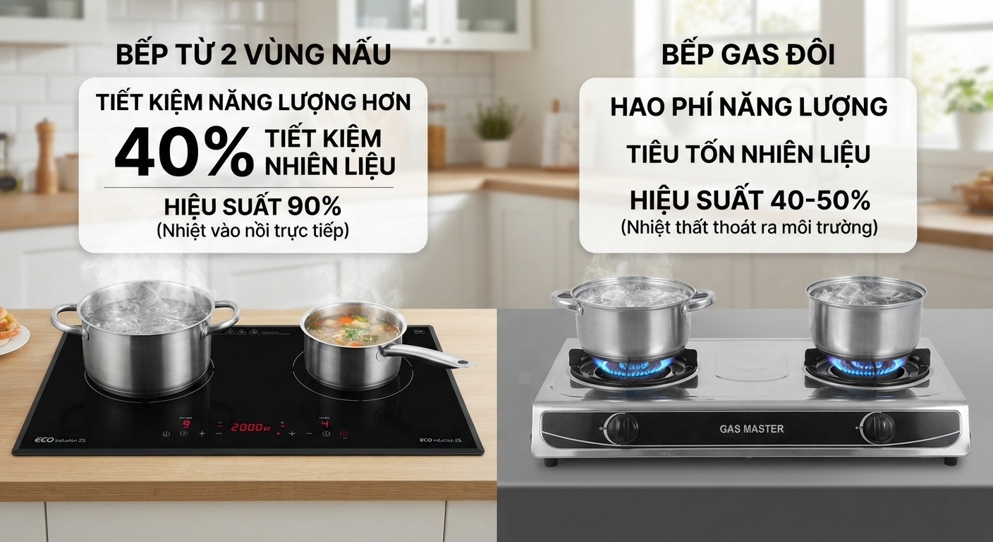 so sánh tiết kiệm giữa bếp từ và bếp gas đôi