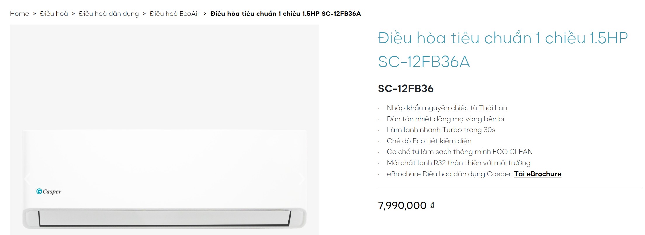 Điều hòa Casper SC-12FB36A 12000 BTU 1 chiều [Model 2025]
